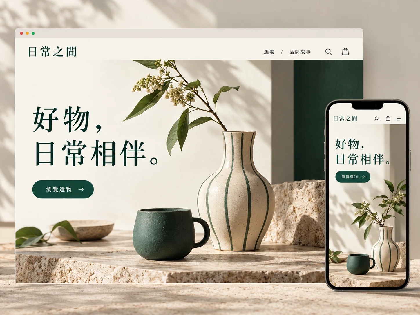 日常之間網店設計，展示電腦及手機版面