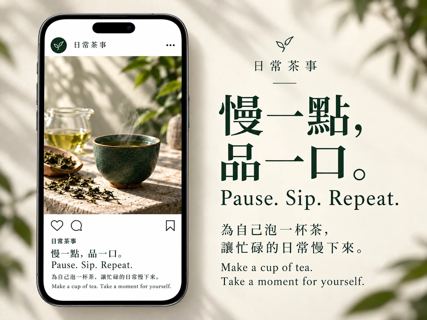 日常茶事手機社交帖文，清楚展示中文及英文文案